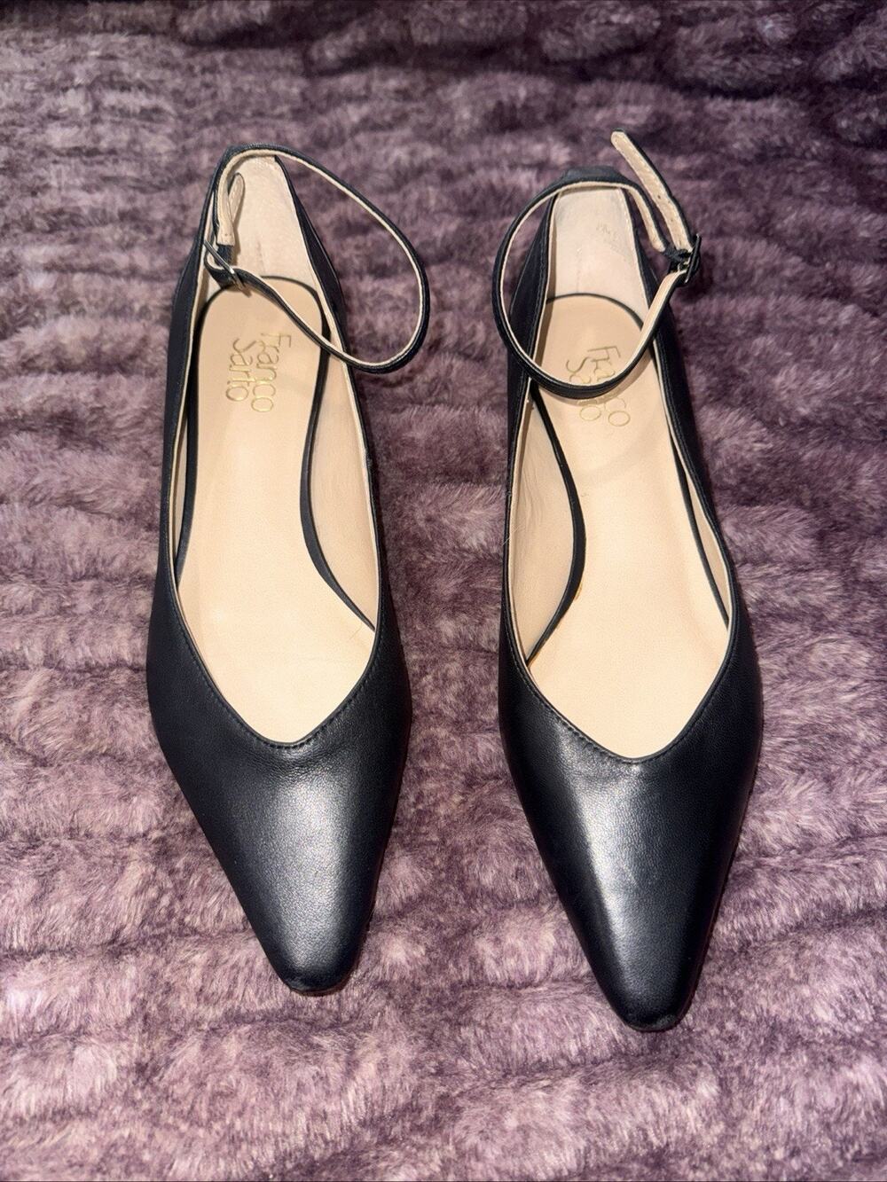 Franco Sarto Black Leather Ankle Strap Pumps Women’s 8.5 Pointed Toe Low Heel